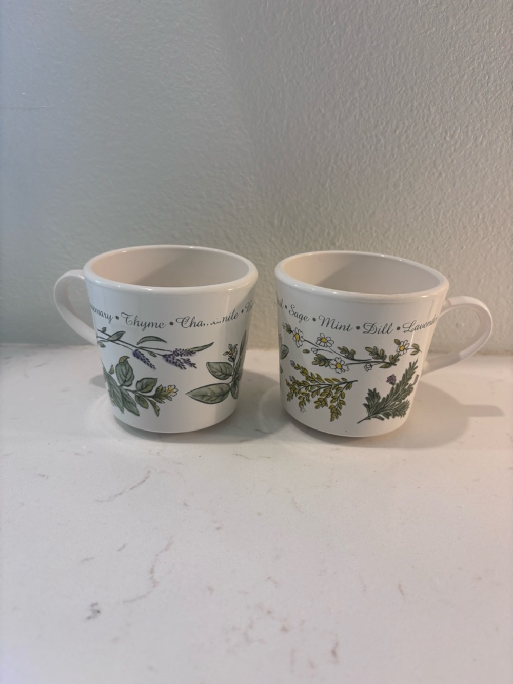 Corningware White Ceramic Mugs with Green and Yellow Herb Motifs